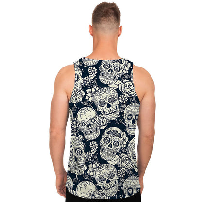 White Floral Sugar Skull Pattern Print Men's Tank Top