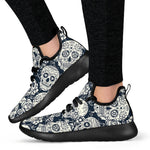 White Floral Sugar Skull Pattern Print Mesh Knit Shoes GearFrost