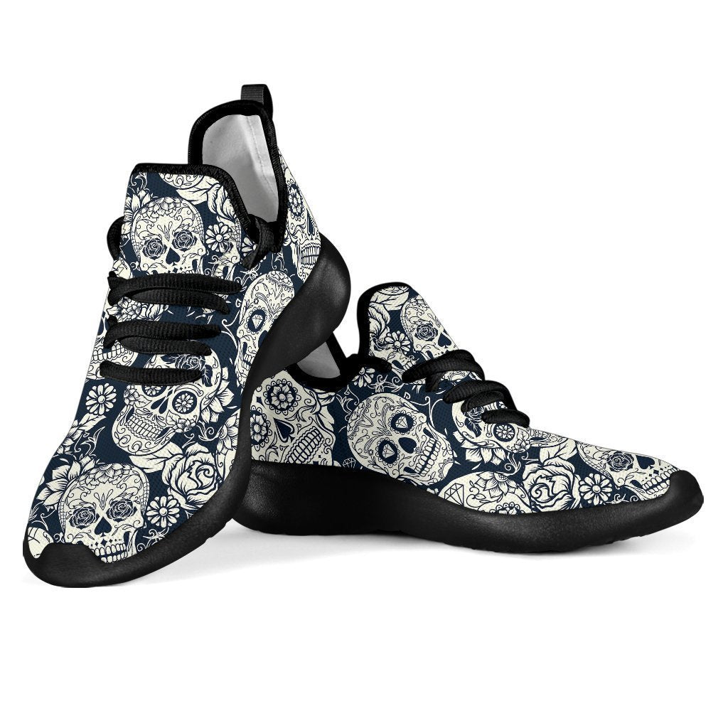 White Floral Sugar Skull Pattern Print Mesh Knit Shoes GearFrost