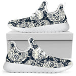 White Floral Sugar Skull Pattern Print Mesh Knit Shoes GearFrost