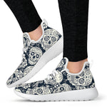 White Floral Sugar Skull Pattern Print Mesh Knit Shoes GearFrost
