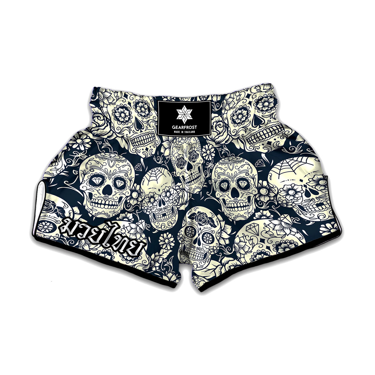 White Floral Sugar Skull Pattern Print Muay Thai Boxing Shorts
