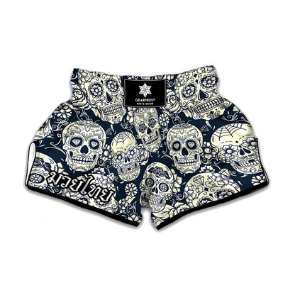White Floral Sugar Skull Pattern Print Muay Thai Boxing Shorts