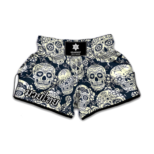 White Floral Sugar Skull Pattern Print Muay Thai Boxing Shorts
