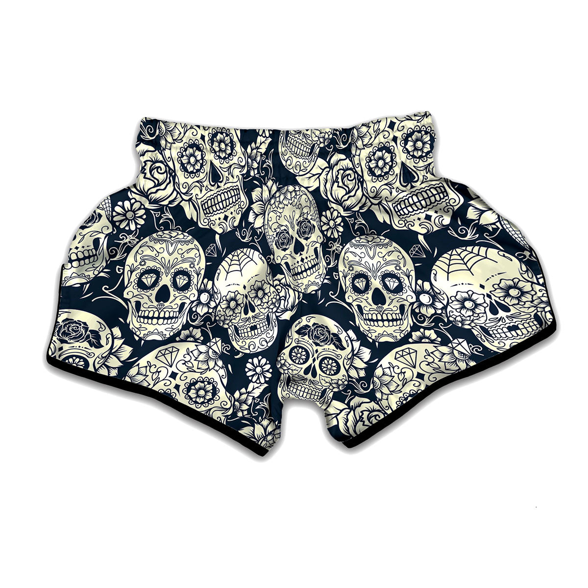 White Floral Sugar Skull Pattern Print Muay Thai Boxing Shorts