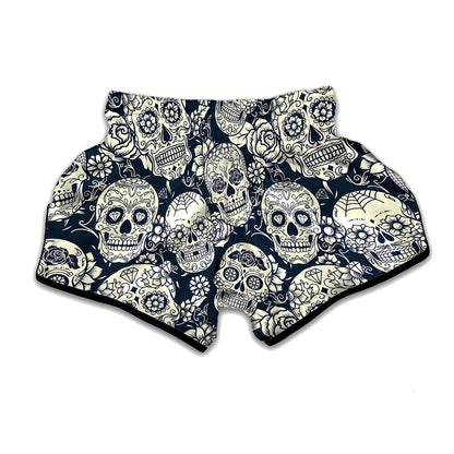 White Floral Sugar Skull Pattern Print Muay Thai Boxing Shorts