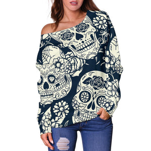 White Floral Sugar Skull Pattern Print Off Shoulder Sweatshirt GearFrost