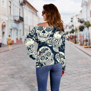 White Floral Sugar Skull Pattern Print Off Shoulder Sweatshirt GearFrost