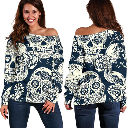White Floral Sugar Skull Pattern Print Off Shoulder Sweatshirt GearFrost
