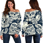 White Floral Sugar Skull Pattern Print Off Shoulder Sweatshirt GearFrost