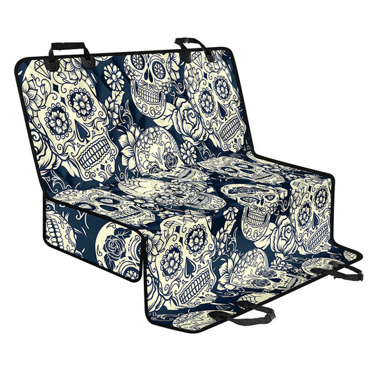 White Floral Sugar Skull Pattern Print Pet Car Back Seat Cover