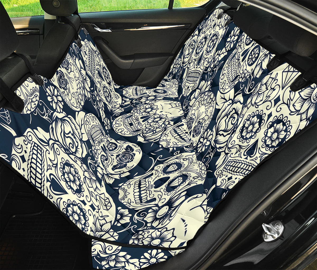 White Floral Sugar Skull Pattern Print Pet Car Back Seat Cover