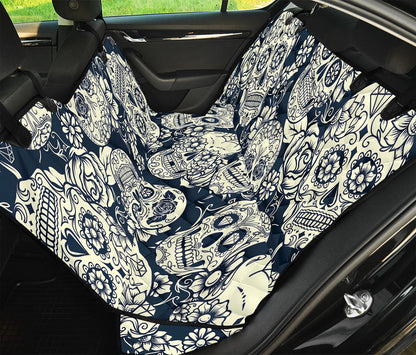 White Floral Sugar Skull Pattern Print Pet Car Back Seat Cover