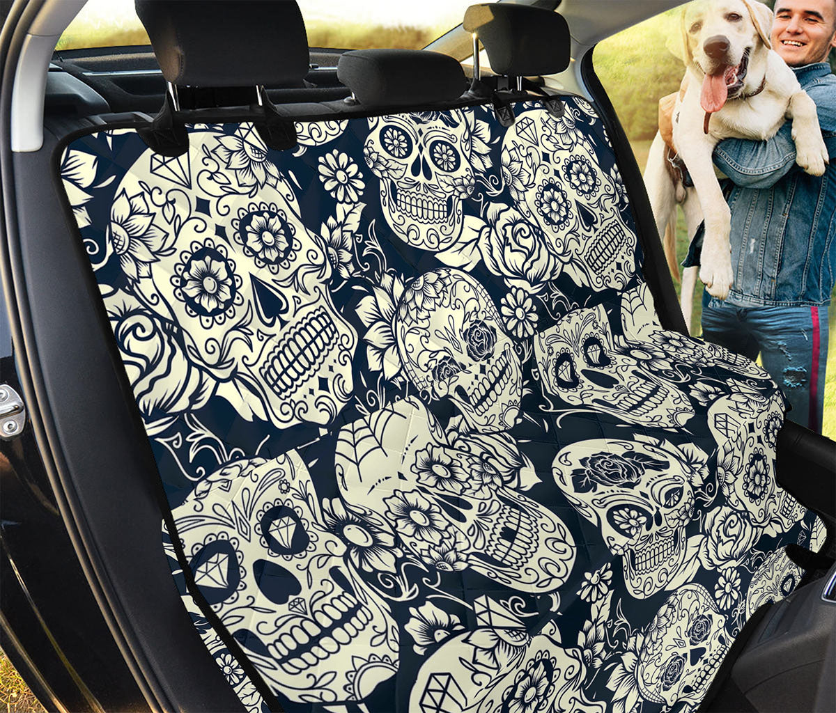 White Floral Sugar Skull Pattern Print Pet Car Back Seat Cover