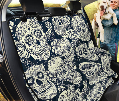 White Floral Sugar Skull Pattern Print Pet Car Back Seat Cover
