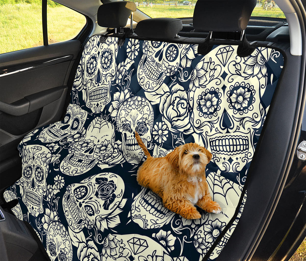 White Floral Sugar Skull Pattern Print Pet Car Back Seat Cover