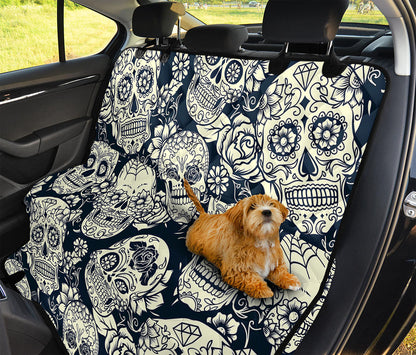 White Floral Sugar Skull Pattern Print Pet Car Back Seat Cover