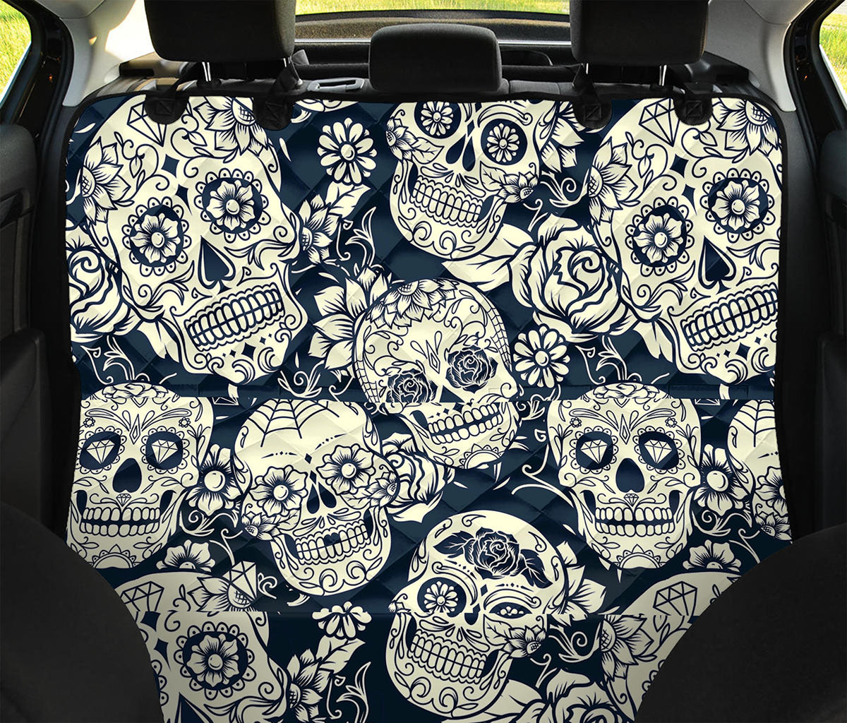 White Floral Sugar Skull Pattern Print Pet Car Back Seat Cover