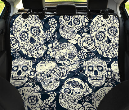 White Floral Sugar Skull Pattern Print Pet Car Back Seat Cover