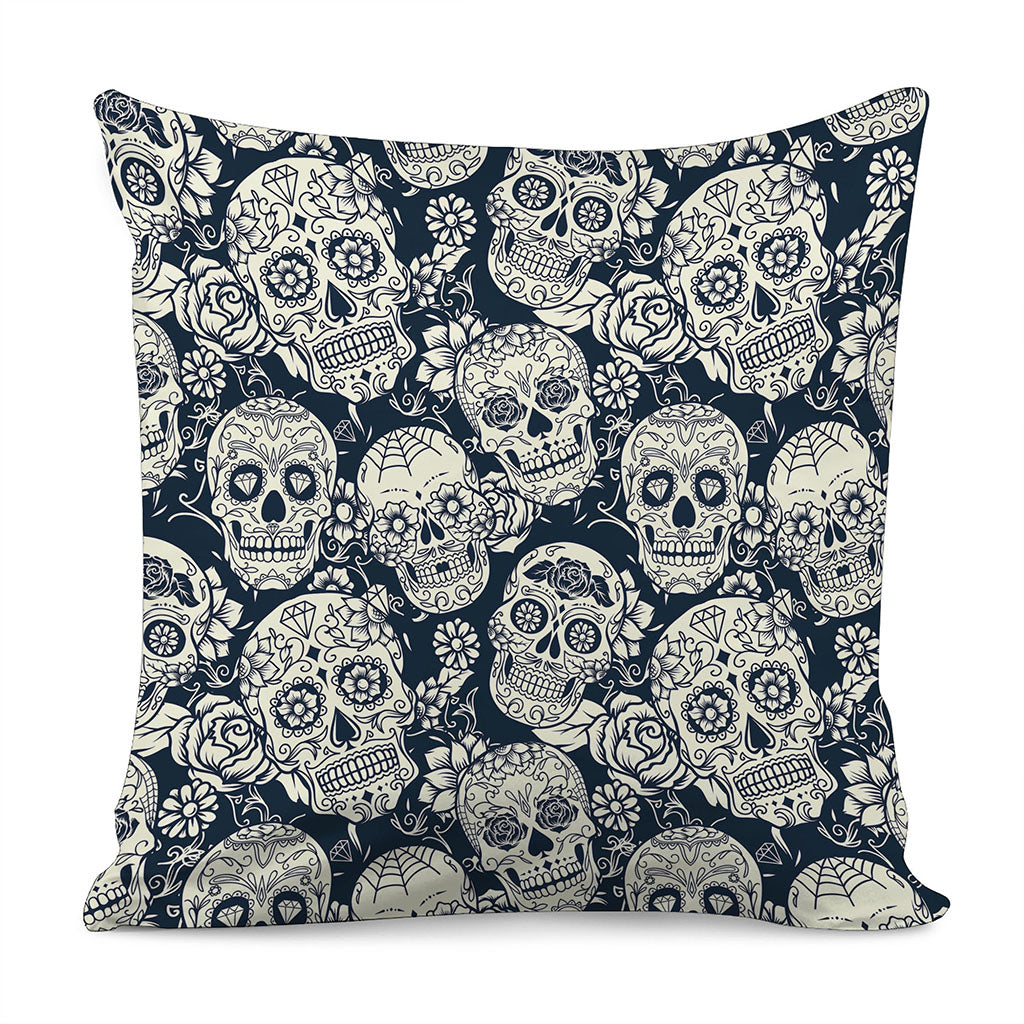 White Floral Sugar Skull Pattern Print Pillow Cover