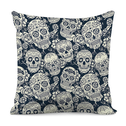 White Floral Sugar Skull Pattern Print Pillow Cover