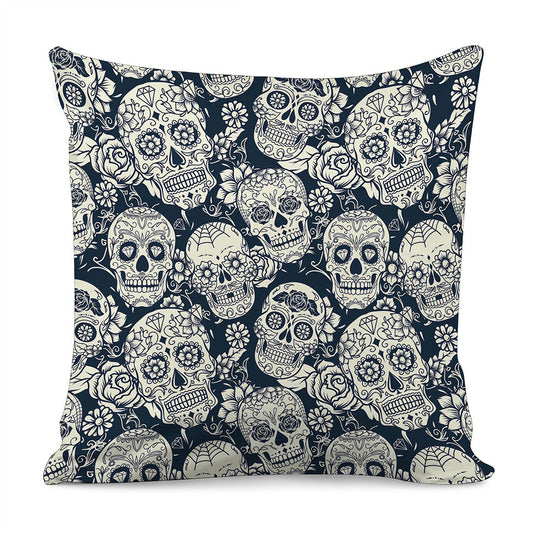 White Floral Sugar Skull Pattern Print Pillow Cover