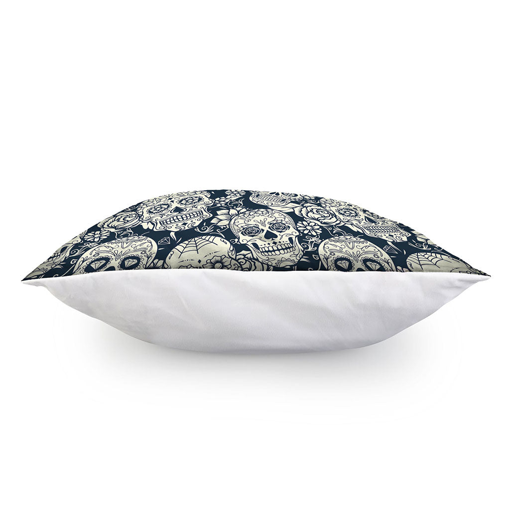 White Floral Sugar Skull Pattern Print Pillow Cover