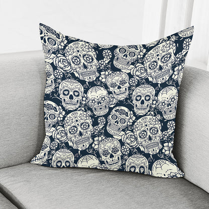 White Floral Sugar Skull Pattern Print Pillow Cover