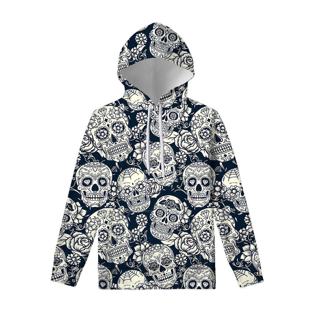 White Floral Sugar Skull Pattern Print Pullover Hoodie