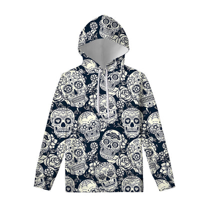 White Floral Sugar Skull Pattern Print Pullover Hoodie