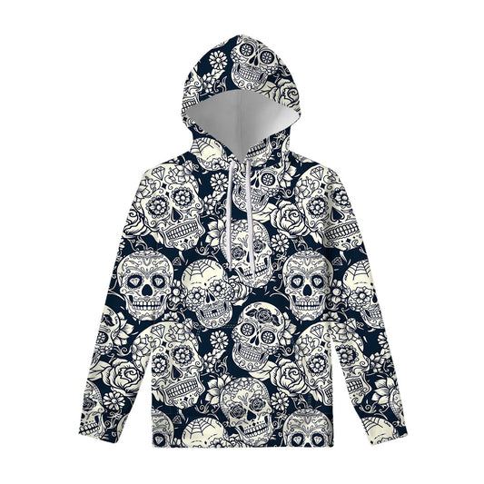 White Floral Sugar Skull Pattern Print Pullover Hoodie