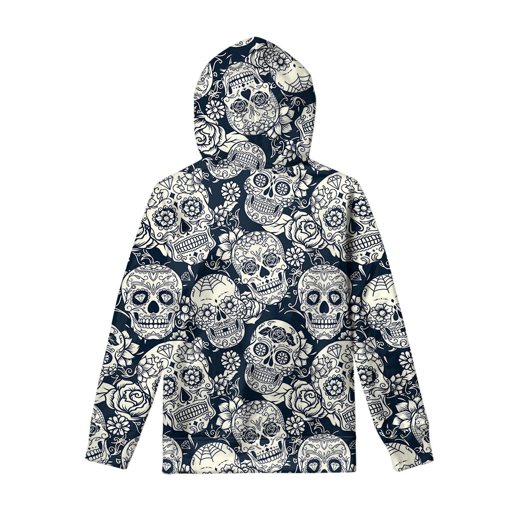 White Floral Sugar Skull Pattern Print Pullover Hoodie