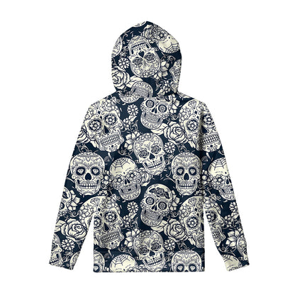 White Floral Sugar Skull Pattern Print Pullover Hoodie