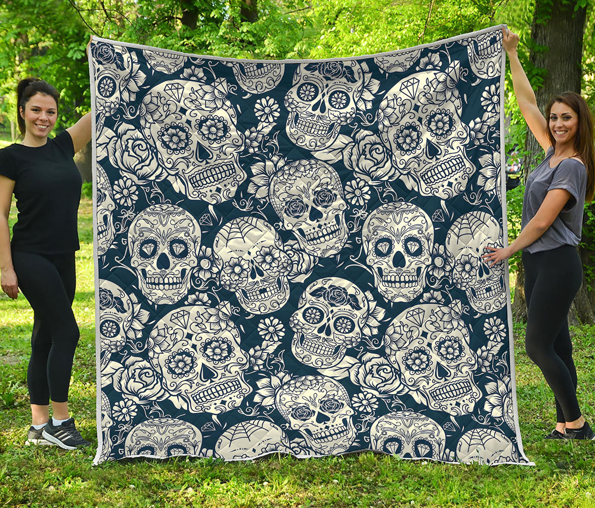 White Floral Sugar Skull Pattern Print Quilt