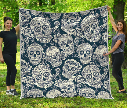 White Floral Sugar Skull Pattern Print Quilt
