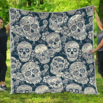 White Floral Sugar Skull Pattern Print Quilt