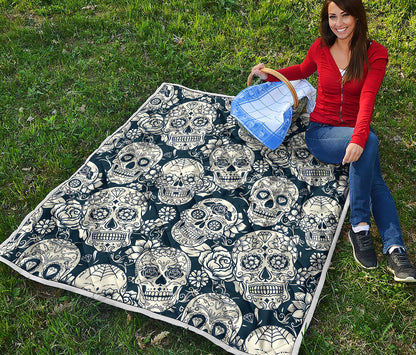 White Floral Sugar Skull Pattern Print Quilt