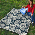 White Floral Sugar Skull Pattern Print Quilt
