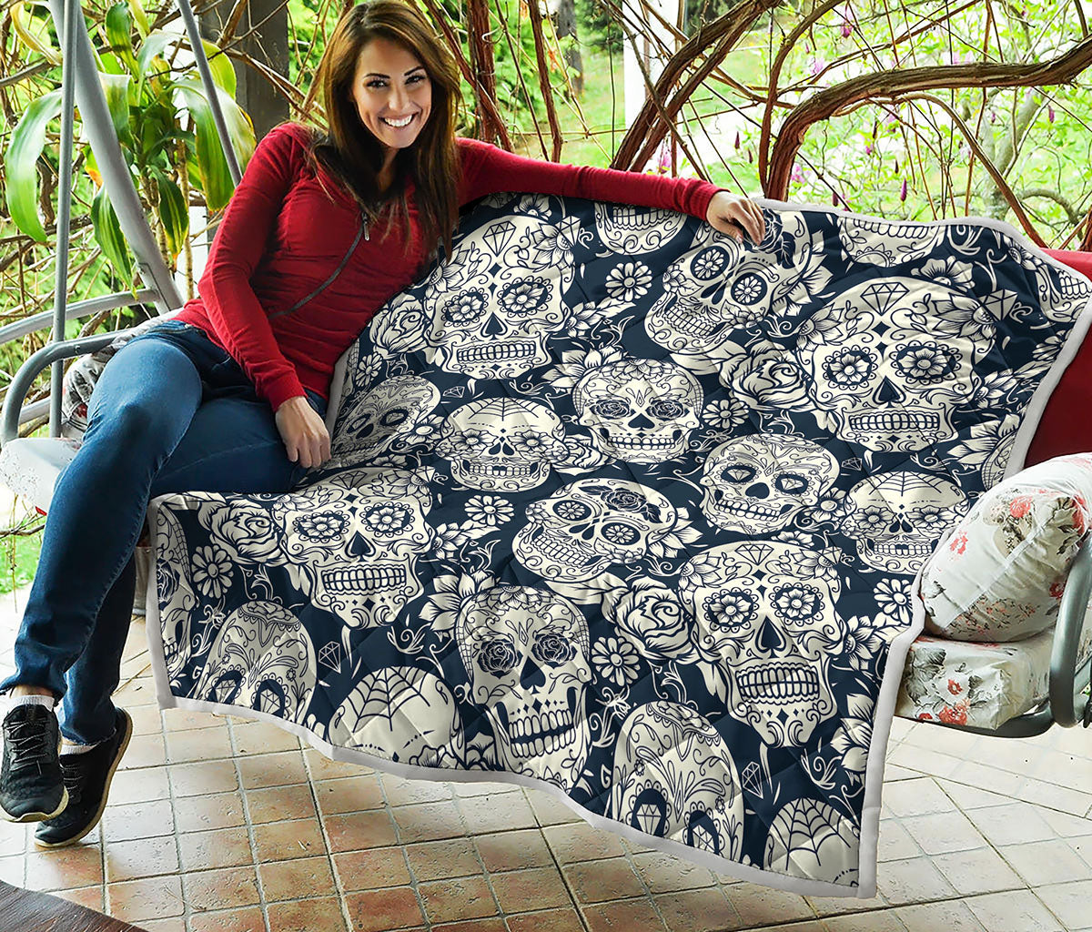White Floral Sugar Skull Pattern Print Quilt