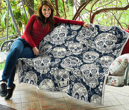 White Floral Sugar Skull Pattern Print Quilt