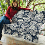 White Floral Sugar Skull Pattern Print Quilt