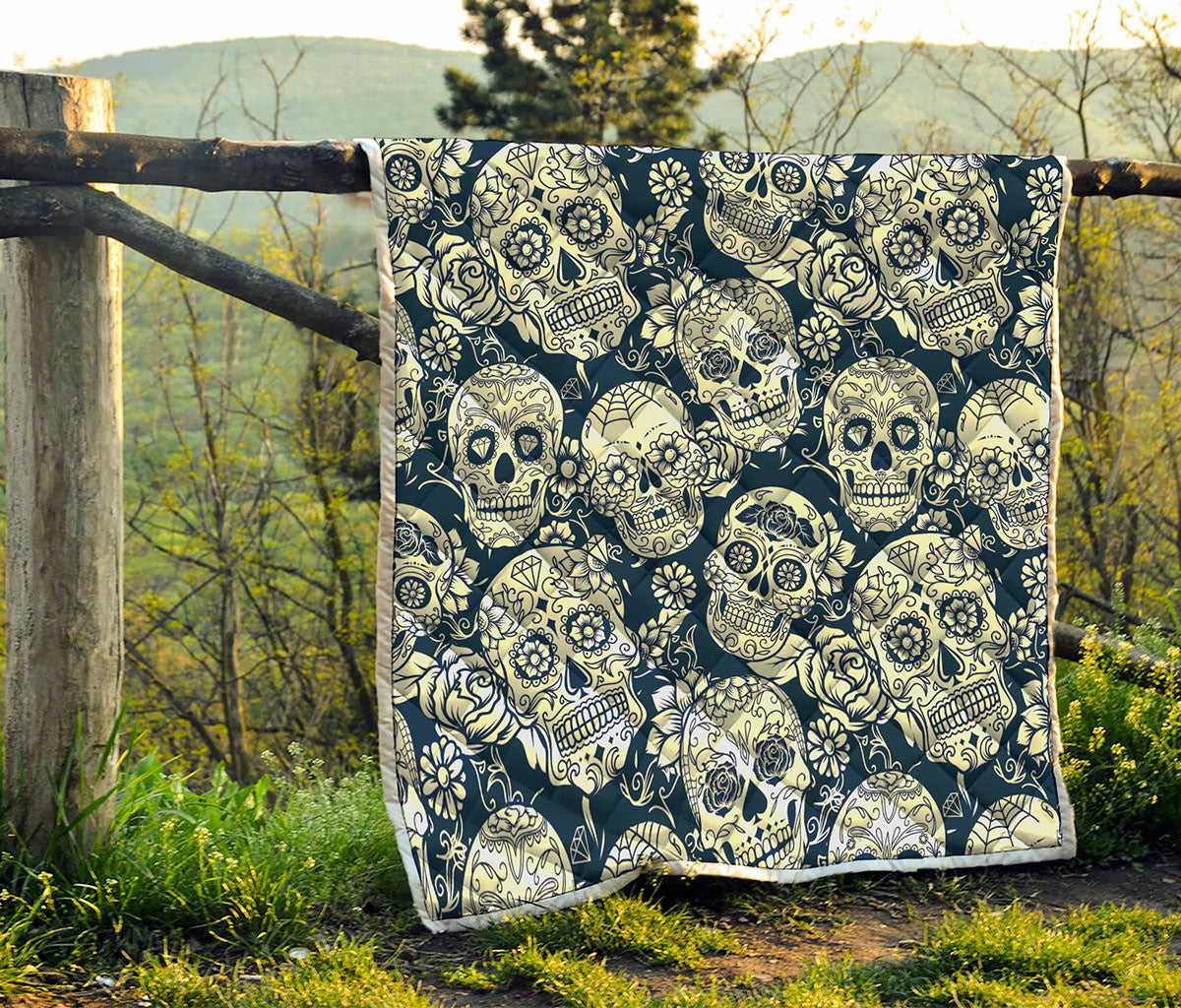 White Floral Sugar Skull Pattern Print Quilt