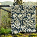 White Floral Sugar Skull Pattern Print Quilt