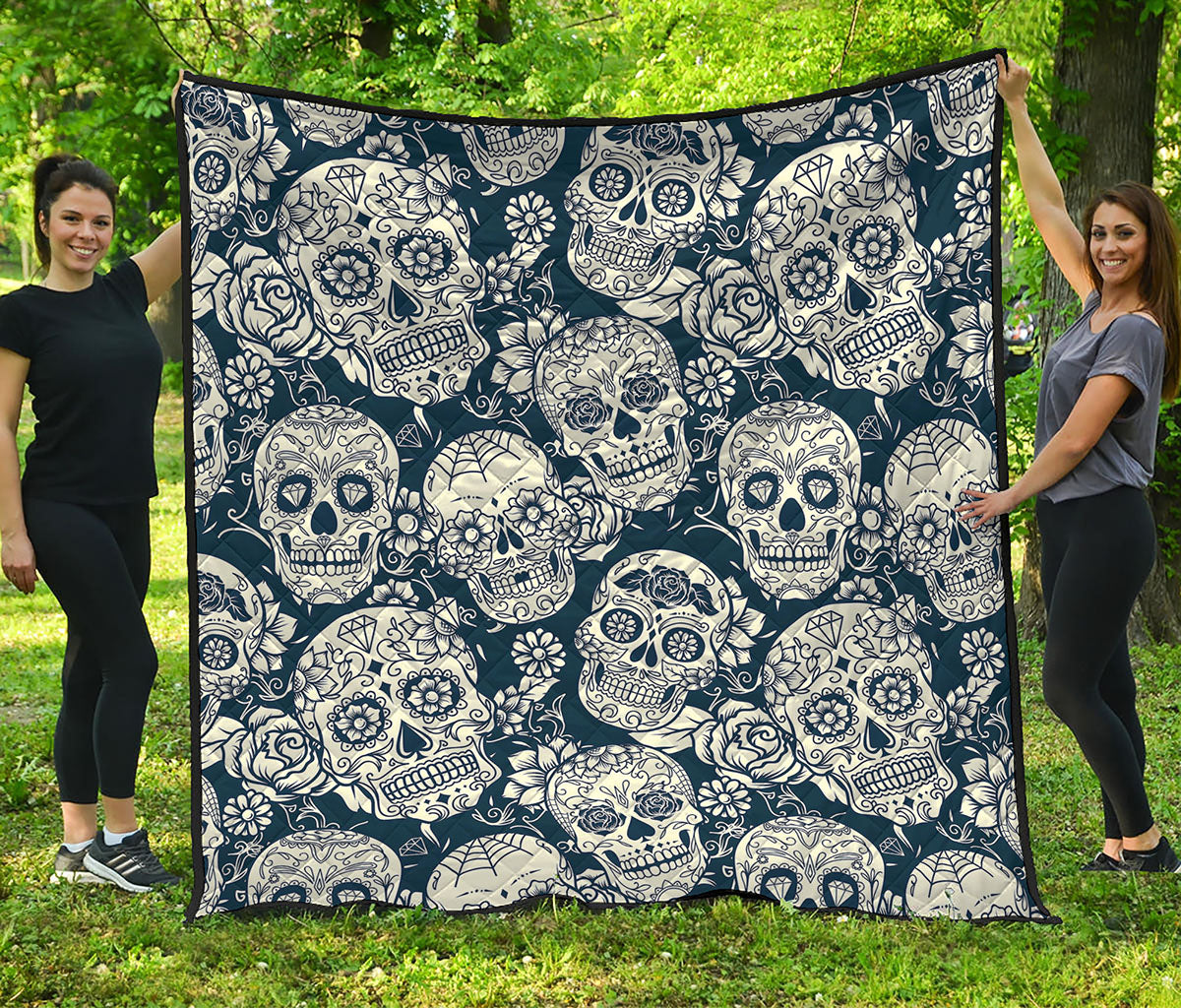 White Floral Sugar Skull Pattern Print Quilt
