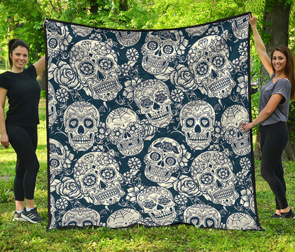 White Floral Sugar Skull Pattern Print Quilt