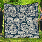 White Floral Sugar Skull Pattern Print Quilt