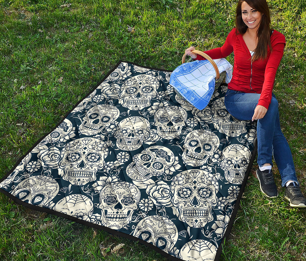 White Floral Sugar Skull Pattern Print Quilt