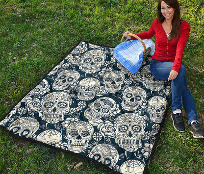 White Floral Sugar Skull Pattern Print Quilt