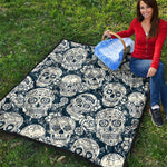 White Floral Sugar Skull Pattern Print Quilt
