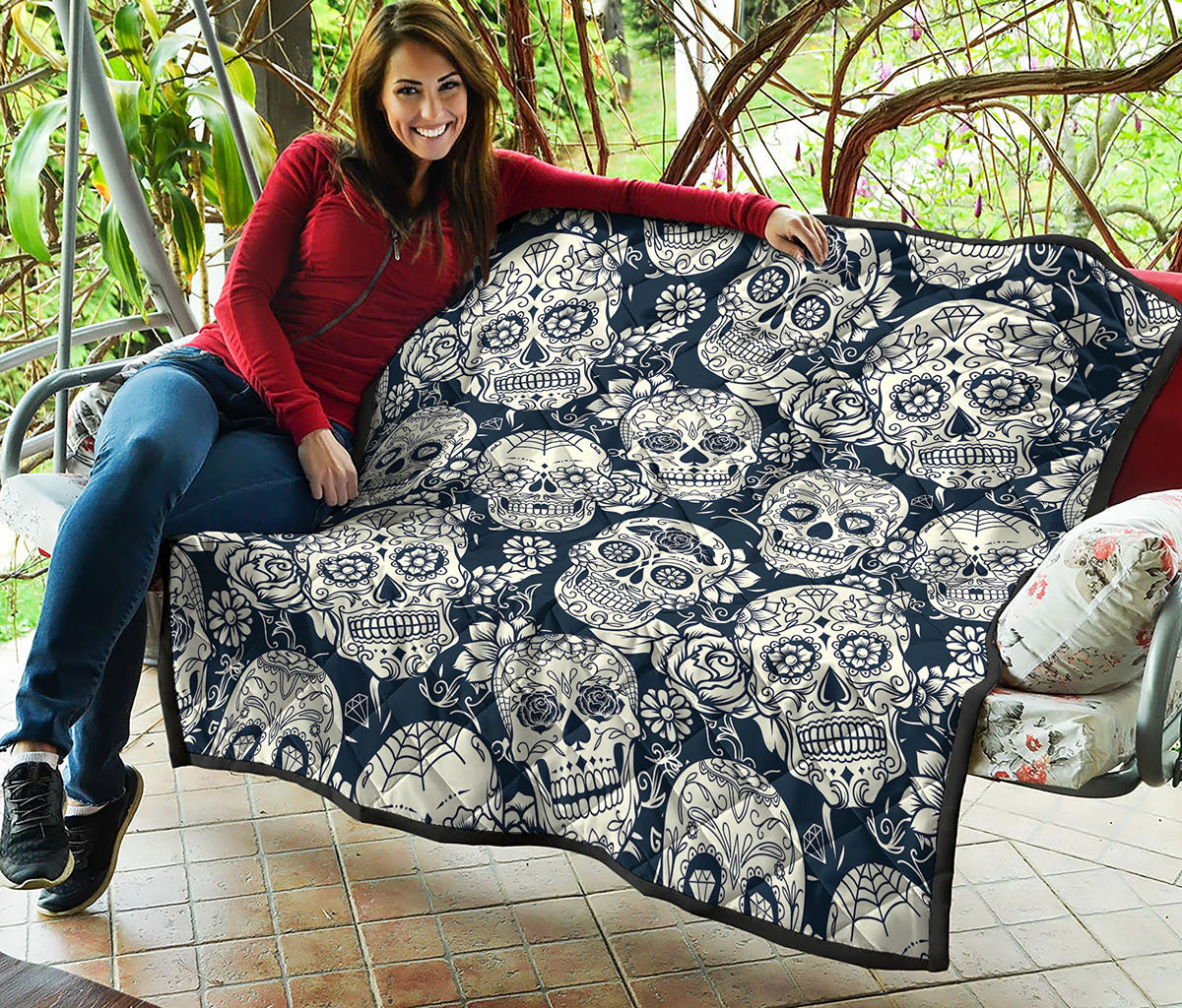 White Floral Sugar Skull Pattern Print Quilt